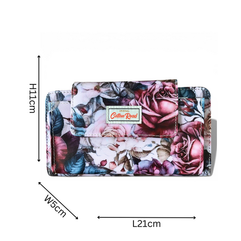 Cotton Road Wallet: Large PINK PVC Cellphone Sling Wallet with ROSES Design