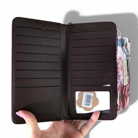 Cotton Road Wallet: Large PINK PVC Cellphone Sling Wallet with ROSES Design