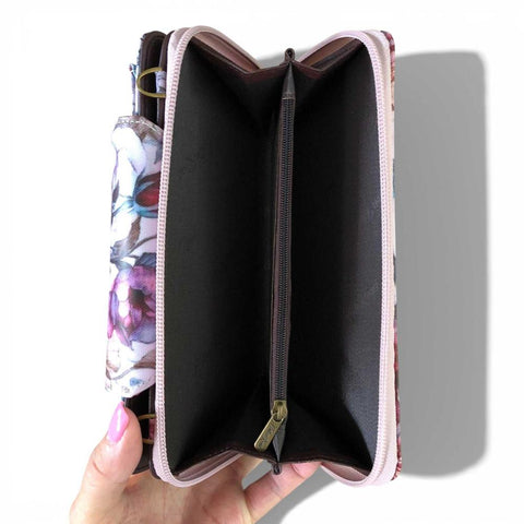 Cotton Road Wallet: Large PINK PVC Cellphone Sling Wallet with ROSES Design