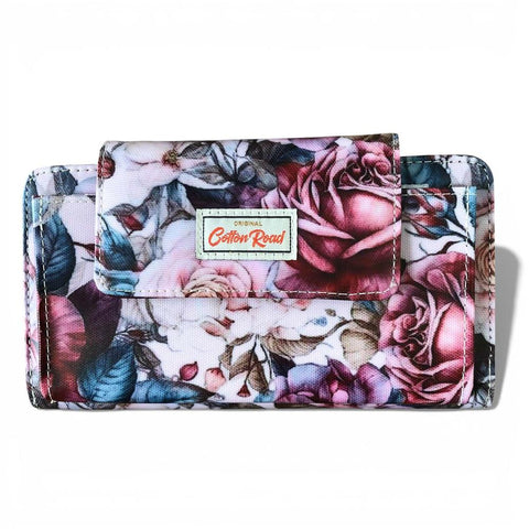 Cotton Road Wallet: Large PINK PVC Cellphone Sling Wallet with ROSES Design