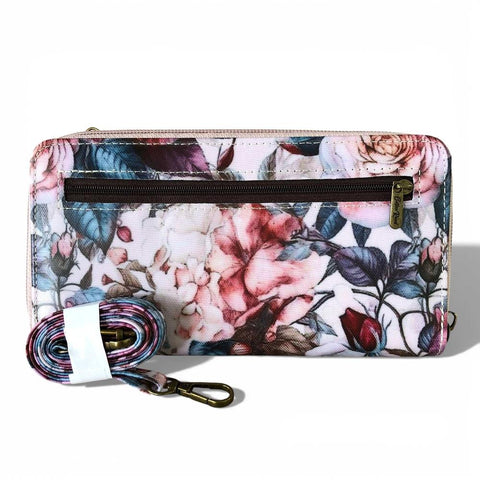 Cotton Road Wallet: Large PINK PVC Cellphone Sling Wallet with ROSES Design