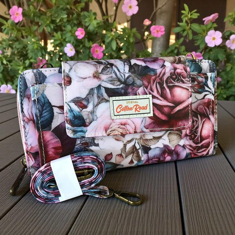 Cotton Road Wallet: Large PINK PVC Cellphone Sling Wallet with ROSES Design