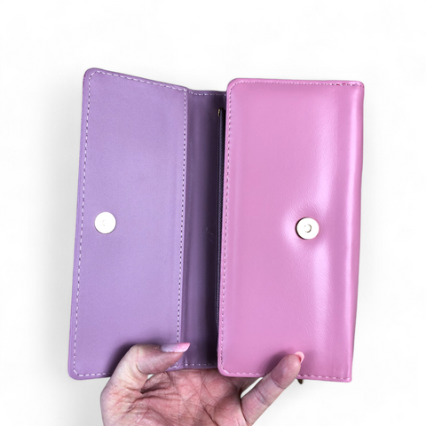 Cotton Road Wallet: Large PINK Tri-fold PU Leather Wallet with PATTERNED Panel