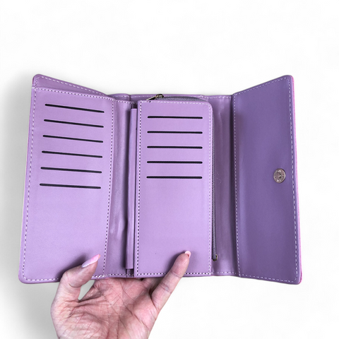 Cotton Road Wallet: Large PINK Tri-fold PU Leather Wallet with PATTERNED Panel