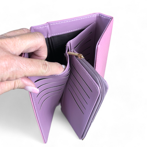 Cotton Road Wallet: Large PINK Tri-fold PU Leather Wallet with PATTERNED Panel