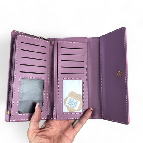 Cotton Road Wallet: Large PINK Tri-fold PU Leather Wallet with PATTERNED Panel