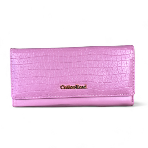 Cotton Road Wallet: Large PINK Tri-fold PU Leather Wallet with PATTERNED Panel