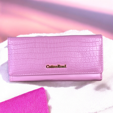 Cotton Road Wallet: Large PINK Tri-fold PU Leather Wallet with PATTERNED Panel