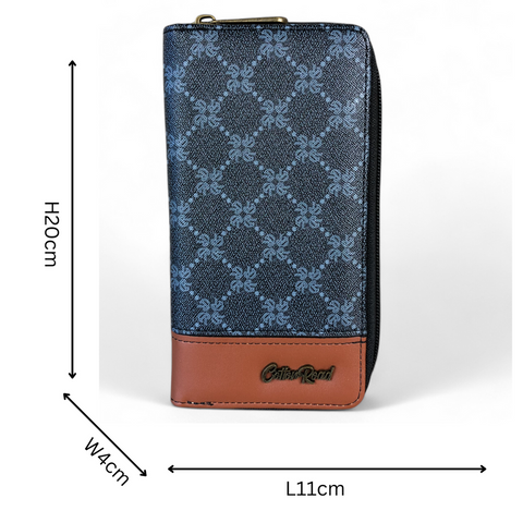 Cotton Road Wallet: Large Printed CHARCOAL BLACK PU Leather Wallet with TAN Trim