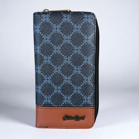 Cotton Road Wallet: Large Printed CHARCOAL BLACK PU Leather Wallet with TAN Trim