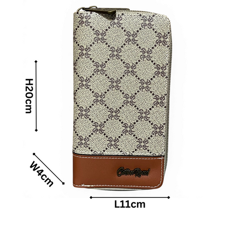 Cotton Road Wallet: Large Printed KHAKI PU Leather Wallet with TAN Trim