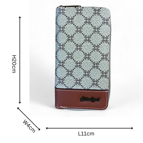 Cotton Road Wallet: Large Printed KHAKI PU Leather Wallet with TAN Trim