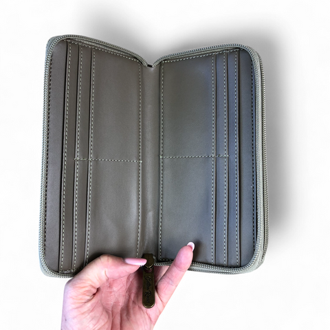 Cotton Road Wallet: Large Printed KHAKI PU Leather Wallet with TAN Trim