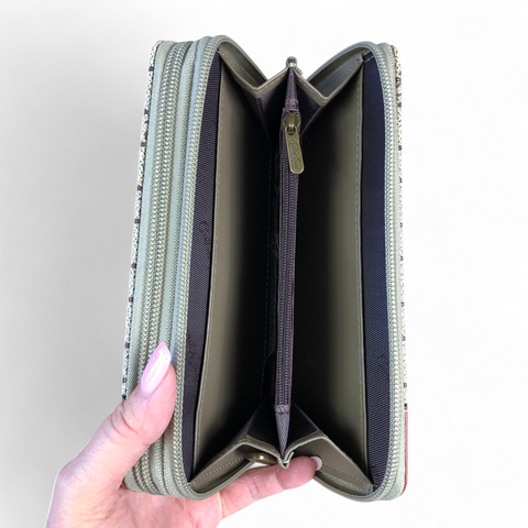 Cotton Road Wallet: Large Printed KHAKI PU Leather Wallet with TAN Trim