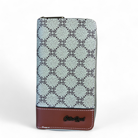 Cotton Road Wallet: Large Printed KHAKI PU Leather Wallet with TAN Trim