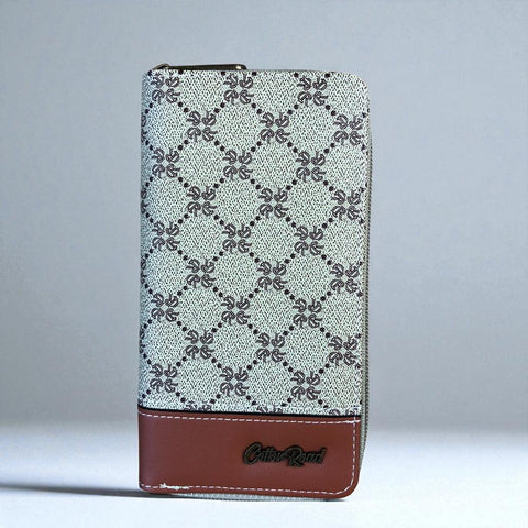 Cotton Road Wallet: Large Printed KHAKI PU Leather Wallet with TAN Trim