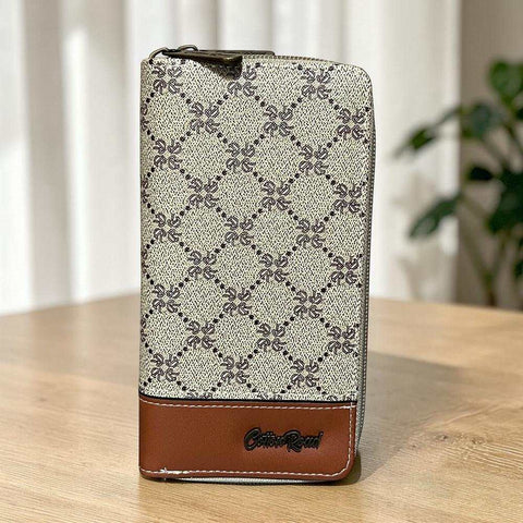 Cotton Road Wallet: Large Printed KHAKI PU Leather Wallet with TAN Trim