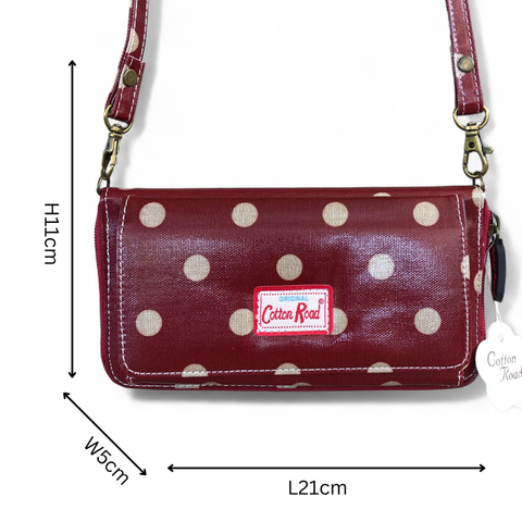 Cotton Road Wallet: Large RED PVC Cellphone Sling Wallet with DOTS
