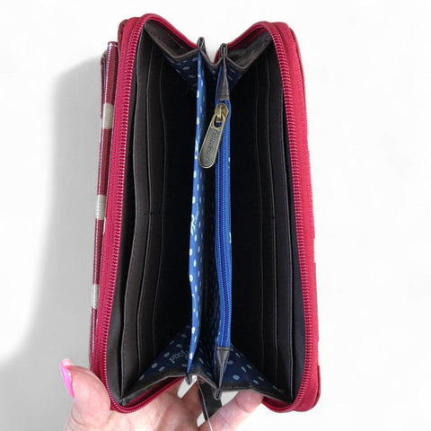 Cotton Road Wallet: Large RED PVC Cellphone Sling Wallet with DOTS