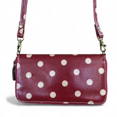 Cotton Road Wallet: Large RED PVC Cellphone Sling Wallet with DOTS