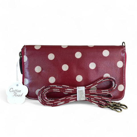 Cotton Road Wallet: Large RED PVC Cellphone Sling Wallet with DOTS