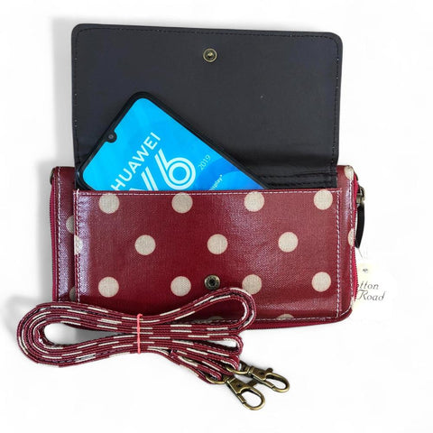 Cotton Road Wallet: Large RED PVC Cellphone Sling Wallet with DOTS