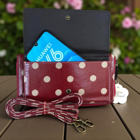 Cotton Road Wallet: Large RED PVC Cellphone Sling Wallet with DOTS