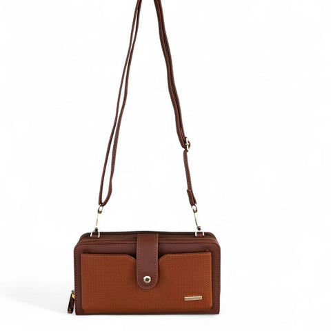 Cotton Road Wallet: Large TAN BROWN PU Leather Cellphone Sling Wallet with PATTERNED Pocket