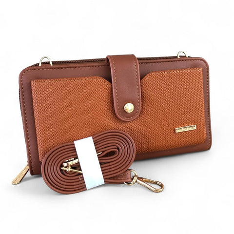 Cotton Road Wallet: Large TAN BROWN PU Leather Cellphone Sling Wallet with PATTERNED Pocket