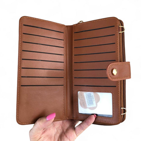 Cotton Road Wallet: Large TAN BROWN PU Leather Cellphone Sling Wallet with PATTERNED Pocket