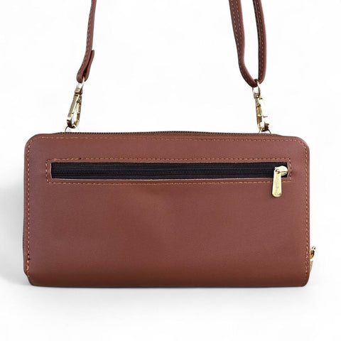 Cotton Road Wallet: Large TAN BROWN PU Leather Cellphone Sling Wallet with PATTERNED Pocket