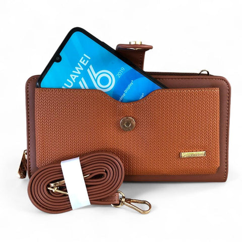 Cotton Road Wallet: Large TAN BROWN PU Leather Cellphone Sling Wallet with PATTERNED Pocket