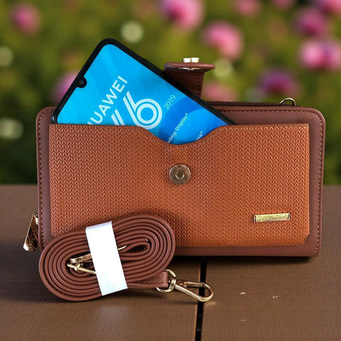 Cotton Road Wallet: Large TAN BROWN PU Leather Cellphone Sling Wallet with PATTERNED Pocket