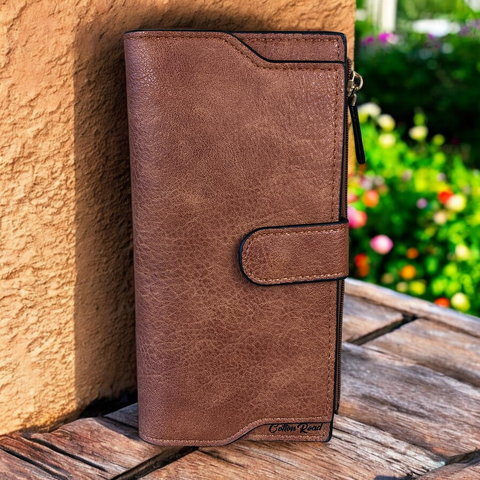 Cotton Road Wallet: Large TAN PU Leather Wallet with CLIP