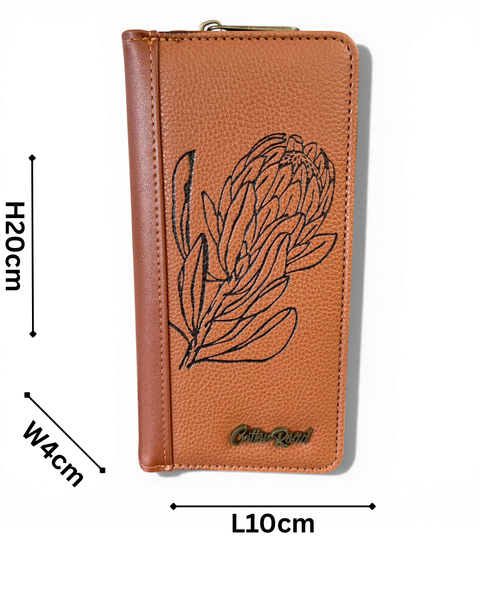 Cotton Road Wallet: Large TAN PU Leather with PROTEA Design