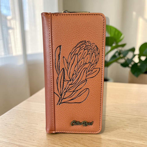 Cotton Road Wallet: Large TAN PU Leather with PROTEA Design