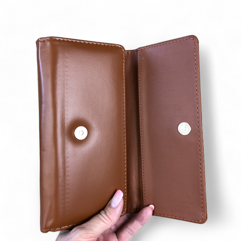 Cotton Road Wallet: Large TAN Tri-fold PU Leather Wallet with PATTERNED Panel
