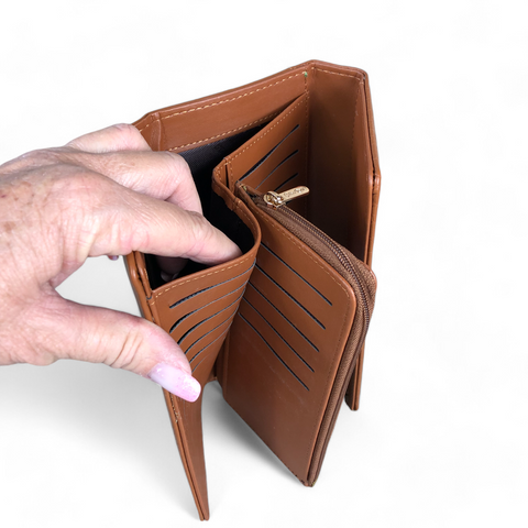 Cotton Road Wallet: Large TAN Tri-fold PU Leather Wallet with PATTERNED Panel