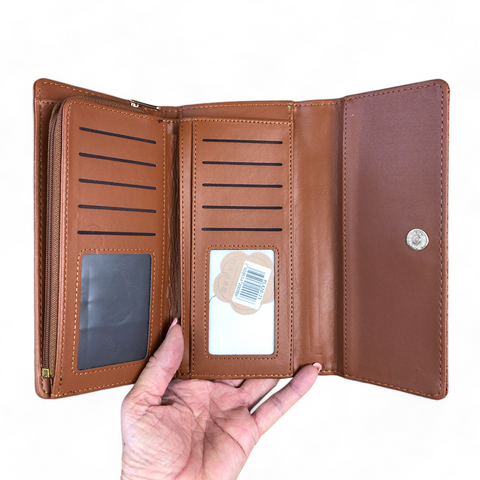 Cotton Road Wallet: Large TAN Tri-fold PU Leather Wallet with PATTERNED Panel