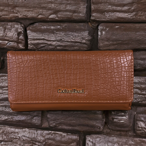 Cotton Road Wallet: Large TAN Tri-fold PU Leather Wallet with PATTERNED Panel