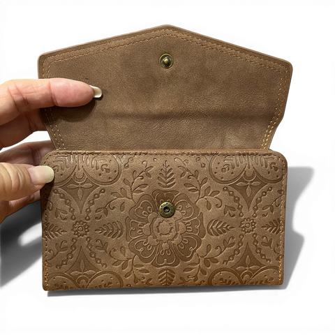 Cotton Road Wallet: MEDIUM BROWN PU Leather Wallet with EMBOSSED Print