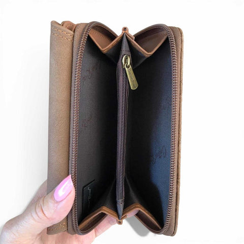 Cotton Road Wallet: MEDIUM BROWN PU Leather Wallet with EMBOSSED Print