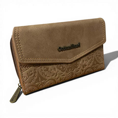 Cotton Road Wallet: MEDIUM BROWN PU Leather Wallet with EMBOSSED Print