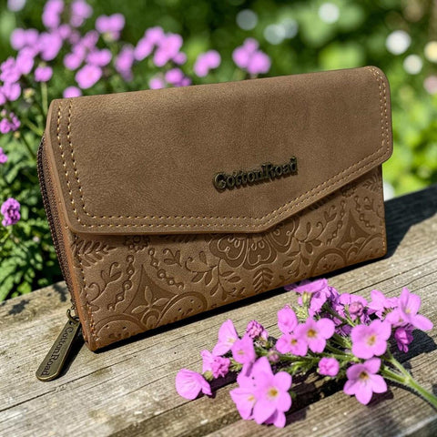 Cotton Road Wallet: MEDIUM BROWN PU Leather Wallet with EMBOSSED Print