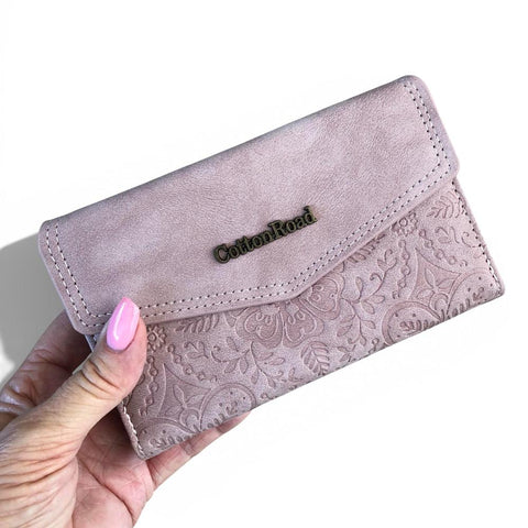 Cotton Road Wallet: MEDIUM PINK PU Leather with EMBOSSED Print