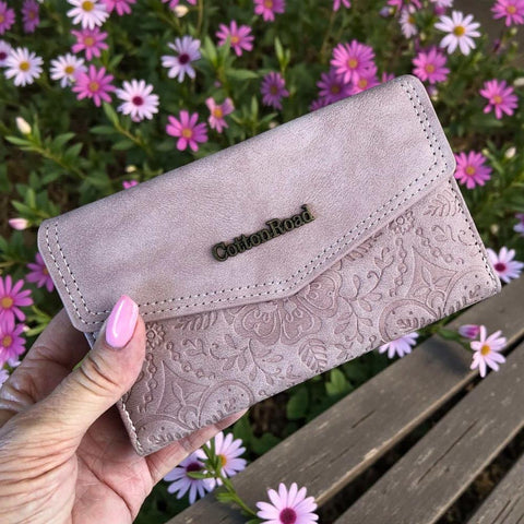Cotton Road Wallet: MEDIUM PINK PU Leather with EMBOSSED Print