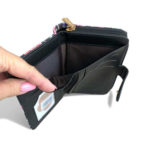 Cotton Road Wallet: Medium BLACK FLORAL PU Leather