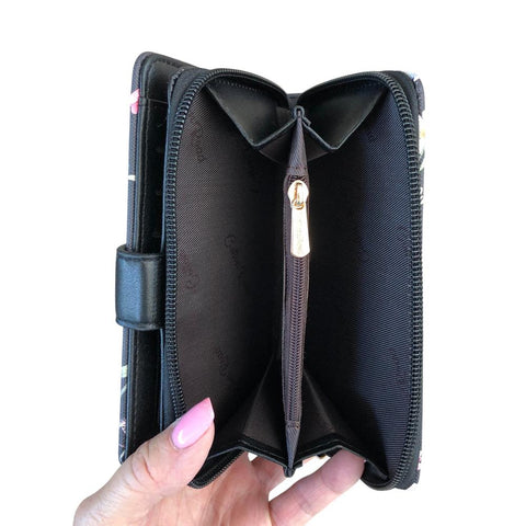 Cotton Road Wallet: Medium BLACK FLORAL PU Leather Wallet