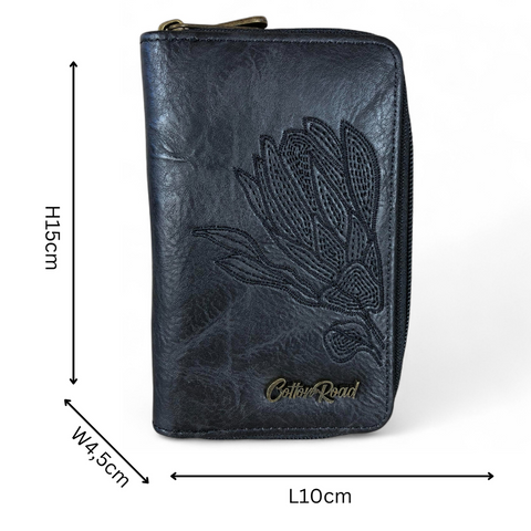Cotton Road Wallet: Medium BLACK PU Leather Wallet with EMBROIDERED PROTEA