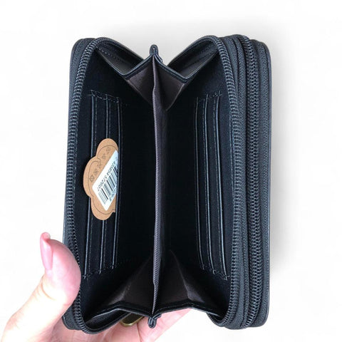 Cotton Road Wallet: Medium BLACK PU Leather Wallet with EMBROIDERED PROTEA